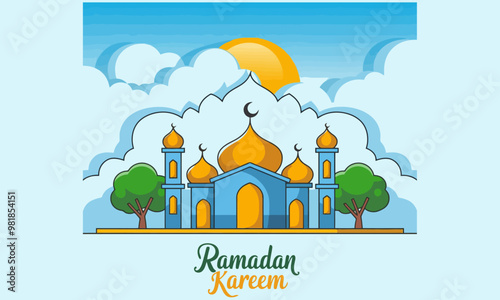 Ramadan Kareem mosque illustration with sunset background