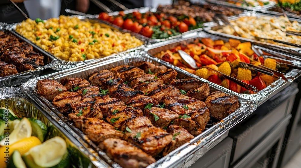 Obraz premium Grilled Meat Skewers with Vegetables and Salad Buffet Catering