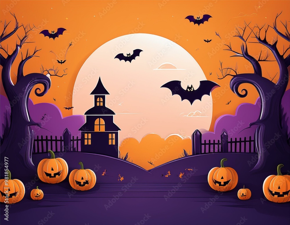 Fototapeta premium Happy Halloween banner. background with haunted house bats.