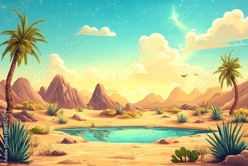 Desert Oasis with Palm Trees and a Crescent Moon