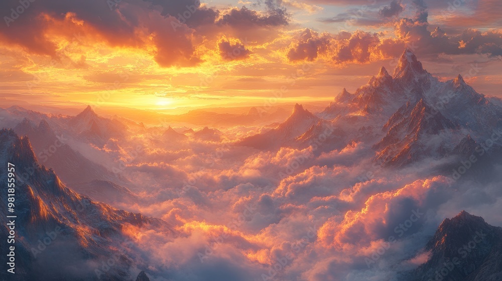 Fototapeta premium Majestic Mountain Peaks Bathed in Golden Sunset Light