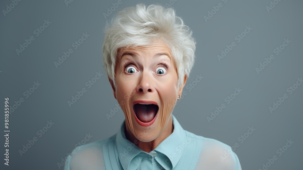 A joyful elderly woman with a trendy haircut displays a wide-eyed, excited expression, capturing a moment of pure happiness in a neutral setting A joyful elderly woman with a trendy haircut displays a wide-eyed, excited expression, capturing a moment of pure happiness in a neutral setting