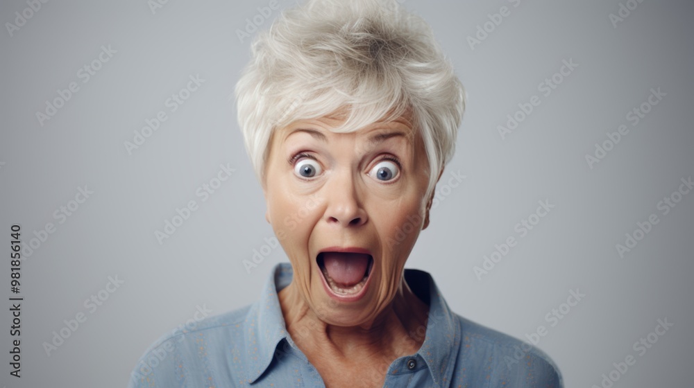 An elderly woman shows a moment of surprise, her eyes wide and mouth open in excitement. She wears a light blue shirt and stands against a soft, neutral background An elderly woman shows a moment of surprise, her eyes wide and mouth open in excitement. She wears a light blue shirt and stands against a soft, neutral background