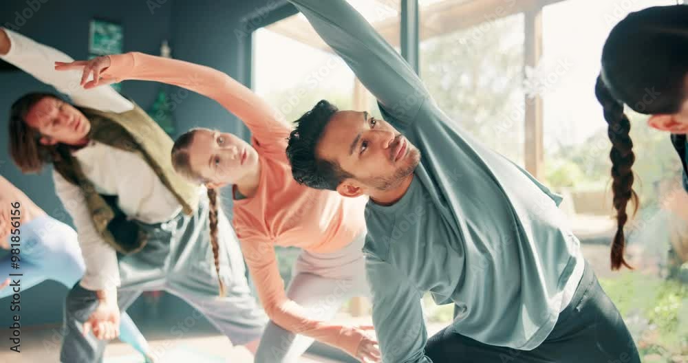 Yoga class, stretching and group on floor for zen, wellness and balance of body and mind. Calm, pilates and yogi people with exercise for flexibility, health and blood flow increase in studio.