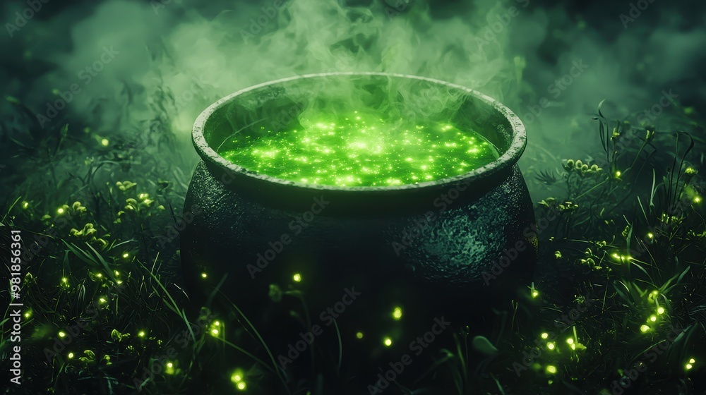 Magical Green Potion In Cauldron With Smoke And Glow Bugs Magical Green Potion In Cauldron With Smoke And Glow Bugs
