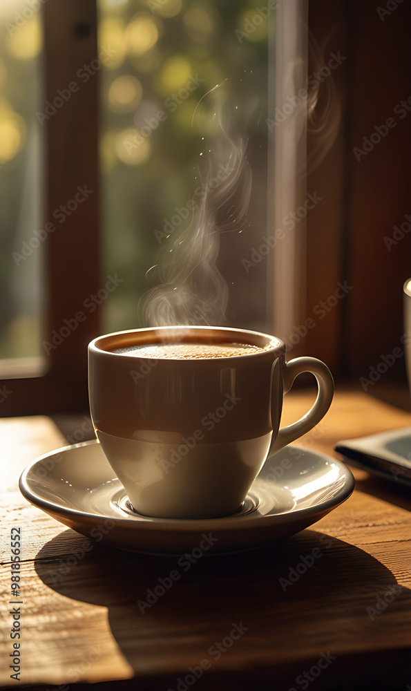 A cozy morning scene featuring a steaming cup of coffee on a wooden table, with sunlight streaming through a nearby window, creating a warm and inviting mobile wallpaper A cozy morning scene featuring a steaming cup of coffee on a wooden table, with sunlight streaming through a nearby window, creating a warm and inviting mobile wallpaper