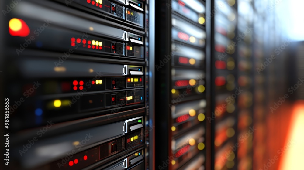 Naklejka premium Server Rack with Red and Yellow Lights