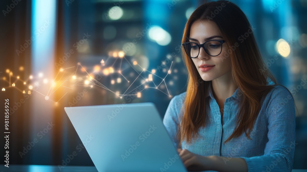 Woman Working on Laptop with Network Connection and Bokeh Lights Woman Working on Laptop with Network Connection and Bokeh Lights