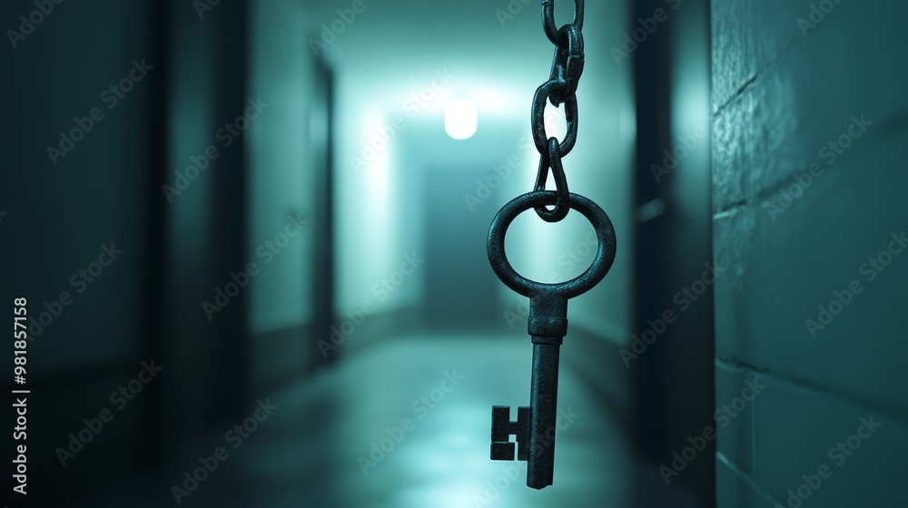 Old Key Hanging in Dark Corridor with Light at End Old Key Hanging in Dark Corridor with Light at End
