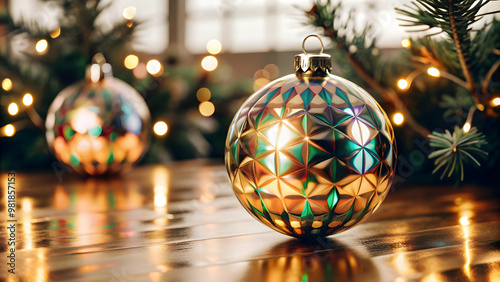 Vibrant Holographic Christmas Ornament Macro Shot: Intricate Designs & Festive Spirit on White Background � Joyful Holiday Decor Illustration