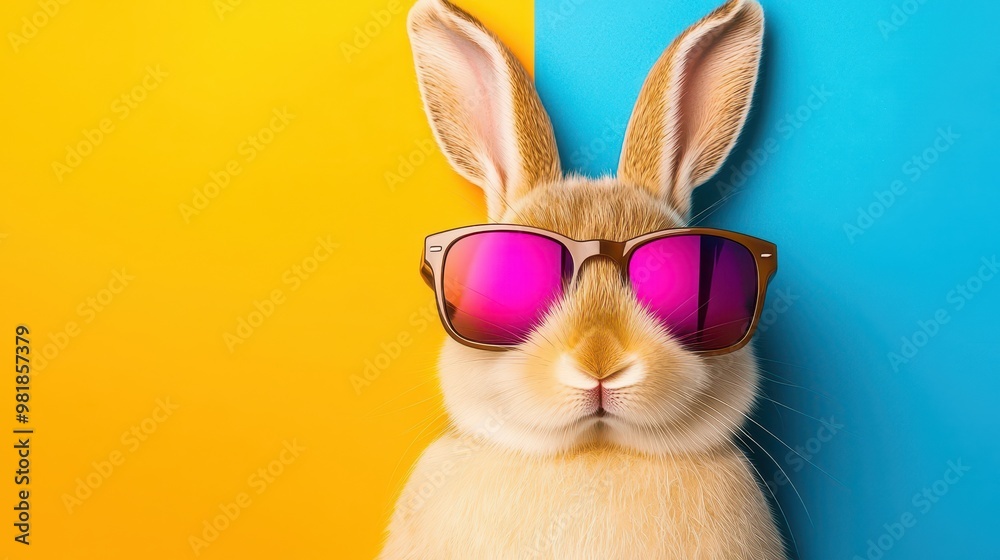 Fototapeta premium Cool Bunny in Sunglasses on Yellow and Blue Background