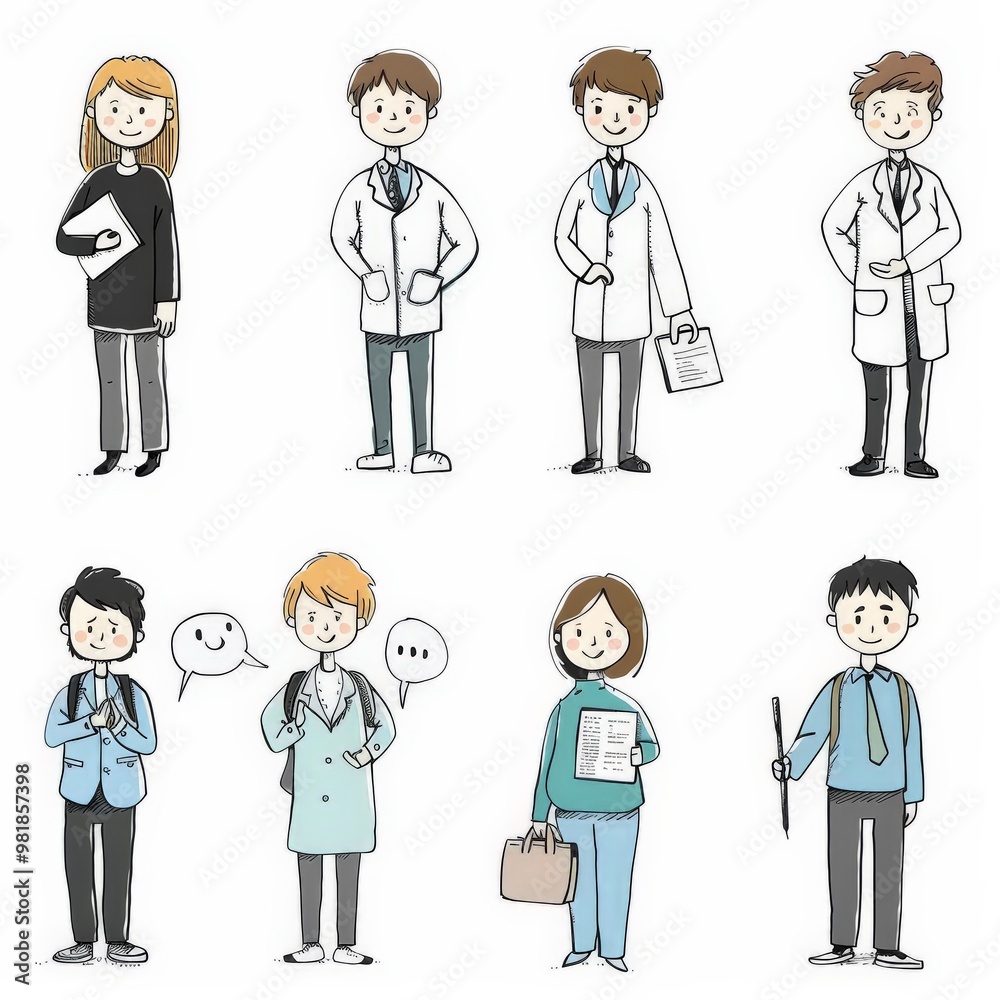 A group of stickmans with different roles: lawyer, doctor, professor, student, programmer, biologist. White background, hand draw style. A group of stickmans with different roles: lawyer, doctor, professor, student, programmer, biologist. White background, hand draw style.