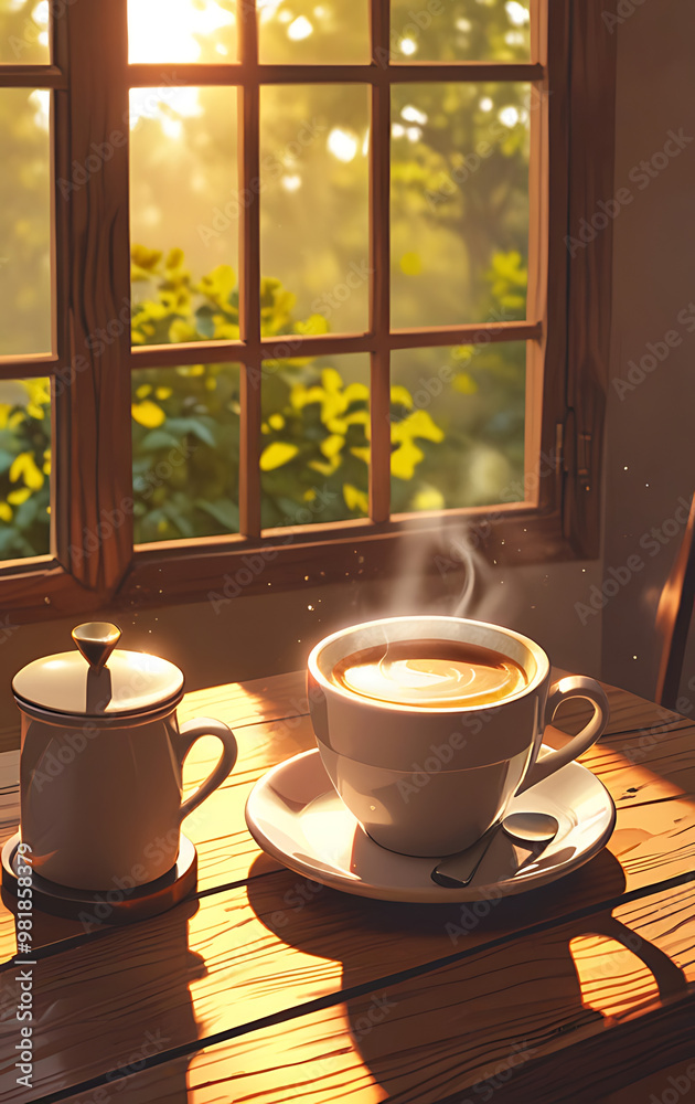Fototapeta premium A cozy morning scene featuring a steaming cup of coffee on a wooden table, with sunlight streaming through a nearby window, creating a warm and inviting mobile wallpaper