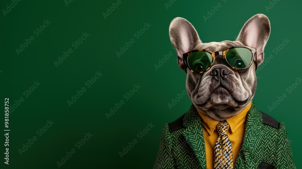 Fototapeta premium French Bulldog in Suit and Sunglasses Green Background