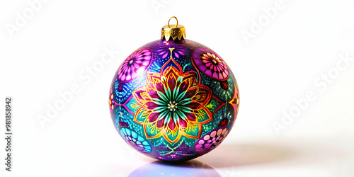 Flat Close-Up Macro Shot of Holographic Christmas Ornament with Intricate Designs and Vibrant Colors on White Background - Festive Spirit of Christmas in Vector Illustration