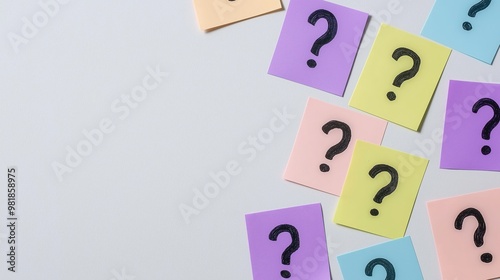 Colorful sticky notes, question marks isolated on a white background