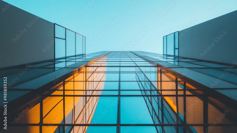 Fototapeta premium A modern high-rise building with reflective glass windows stands out prominently in the sky.