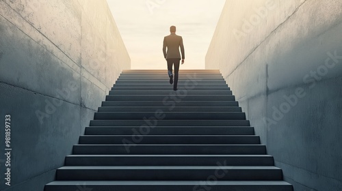 Businessman in suit going upstairs, concept of success, ambitious concept 