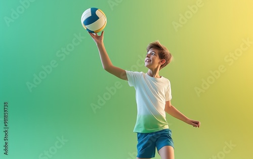 Boy holding a volley ball on a pastel green background photo