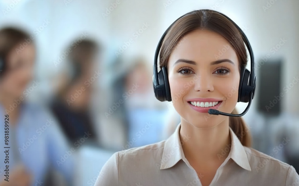 Smiling female customer service employee with a headset Smiling female customer service employee with a headset