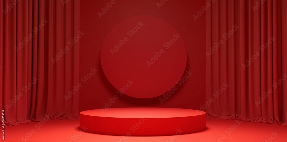 3D render of a red podium with a round platform in the center, designed as an empty space mockup for product presentation. The vibrant red background adds a striking contrast to the minimalistic scene