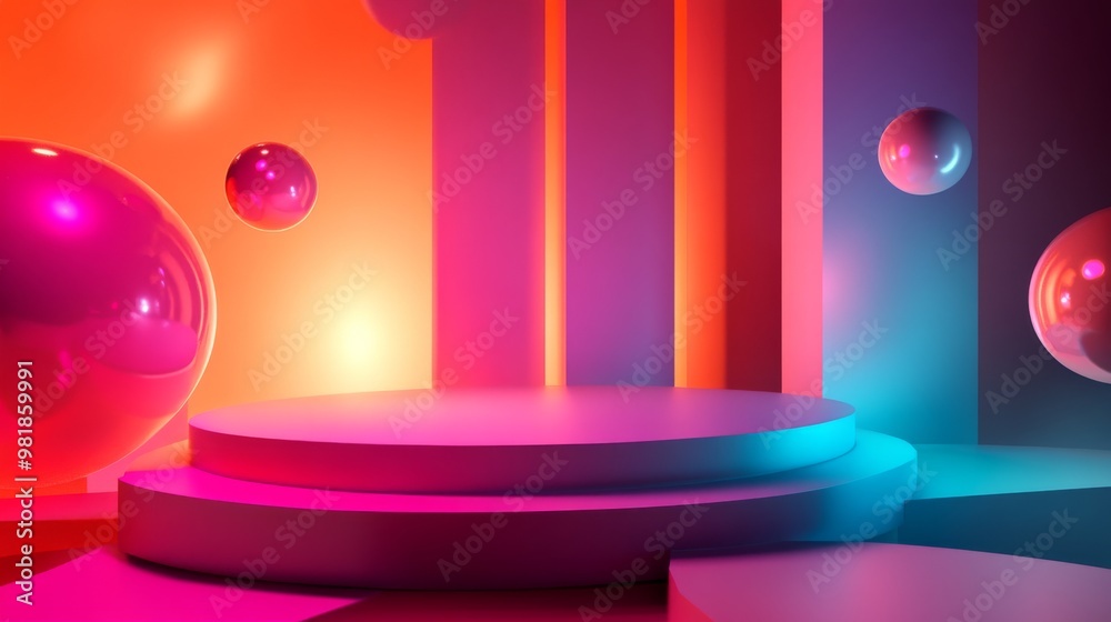 7. A detailed 3D render of a multi-layered podium with an abstract design, surrounded by floating shapes and gradient lighting, offering a visually striking backdrop perfect for showcasing products 7. A detailed 3D render of a multi-layered podium with an abstract design, surrounded by floating shapes and gradient lighting, offering a visually striking backdrop perfect for showcasing products