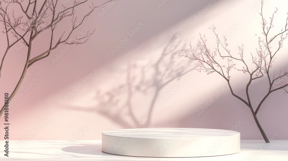 11. Elegant podium with a smooth, curved design, set against a soft pastel background. Delicate branches cast intricate shadows on the wall, adding a natural touch to the minimalistic, geometric 11. Elegant podium with a smooth, curved design, set against a soft pastel background. Delicate branches cast intricate shadows on the wall, adding a natural touch to the minimalistic, geometric