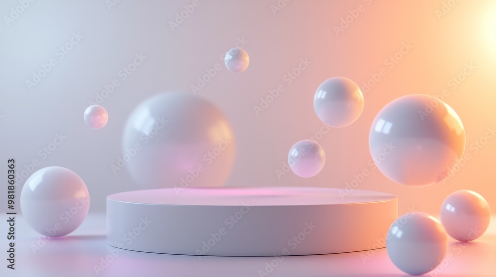 17. Dynamic product display with a futuristic design, featuring levitating balls of various sizes above a modern podium. The abstract background, combined with floating elements, creates a visually