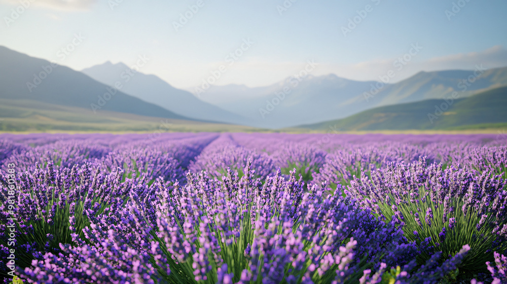 Obraz premium purple lavender field in front of mountain range at sunset