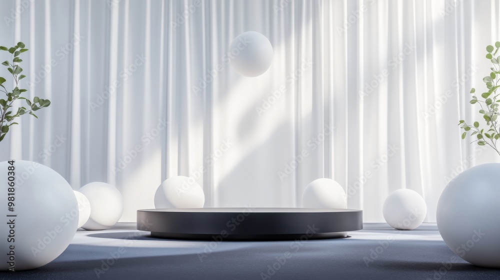 18. Modern abstract scene with a podium centered among levitating spheres, suspended in a surreal, artistic background. The 3D render offers a sophisticated, minimalistic environment, perfect for 18. Modern abstract scene with a podium centered among levitating spheres, suspended in a surreal, artistic background. The 3D render offers a sophisticated, minimalistic environment, perfect for