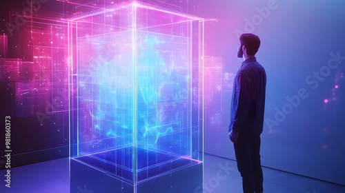 3D Holographic Voting Booth with Touch Interface: Wide Angle View of User Engaging with Glowing Interface Displaying Candidate Information in Minimalist White Space