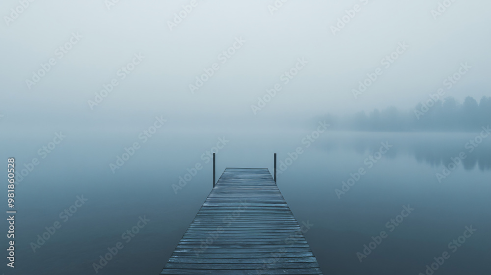 minimalist foggy lake with wooden dock and reflections minimalist foggy lake with wooden dock and reflections