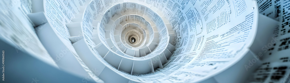 Fototapeta premium Upward Spiraling Policy Implementation: Wide Shot of Rising Policy Documents and Execution Icons on a White Background
