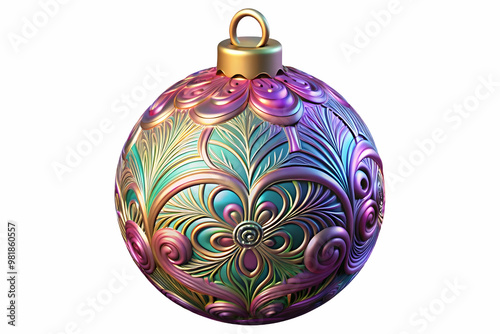 3D Holographic Christmas Bauble Icon: Intricate Patterns Capturing Holiday Joy for Happy New Year 2025 - Reflective Surface & Vibrant Colors on White Background