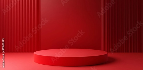 3D render of a red podium with a round platform in the center, designed as an empty space mockup for product presentation. The vibrant red background adds a striking contrast to the minimalistic scene
