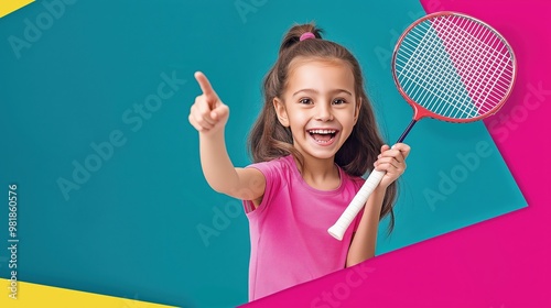 Poster design of a young girl holding a tennis racket, sports poster design photo