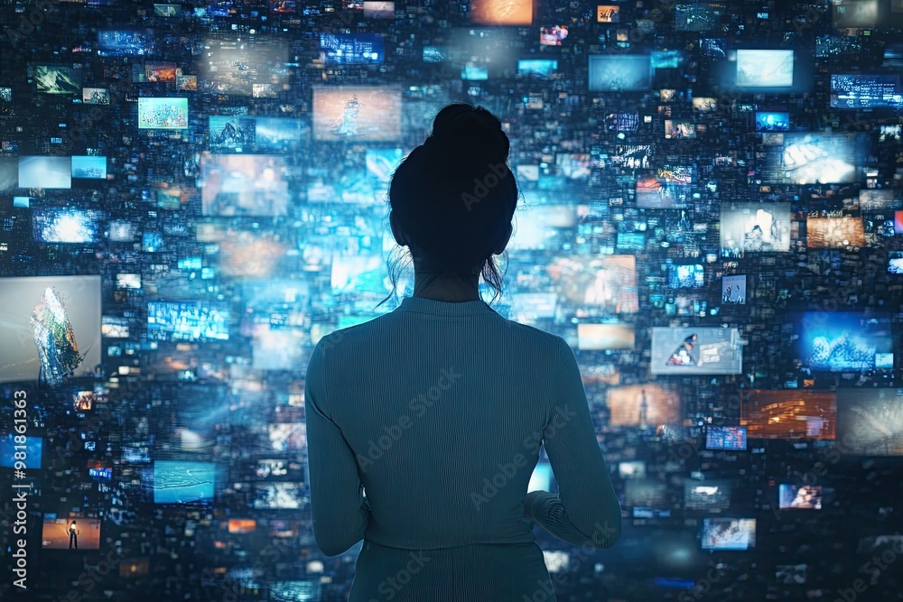 Back view Of Woman Connecting to Animated Stream Of Content. Back view Of Woman Connecting to Animated Stream Of Content.