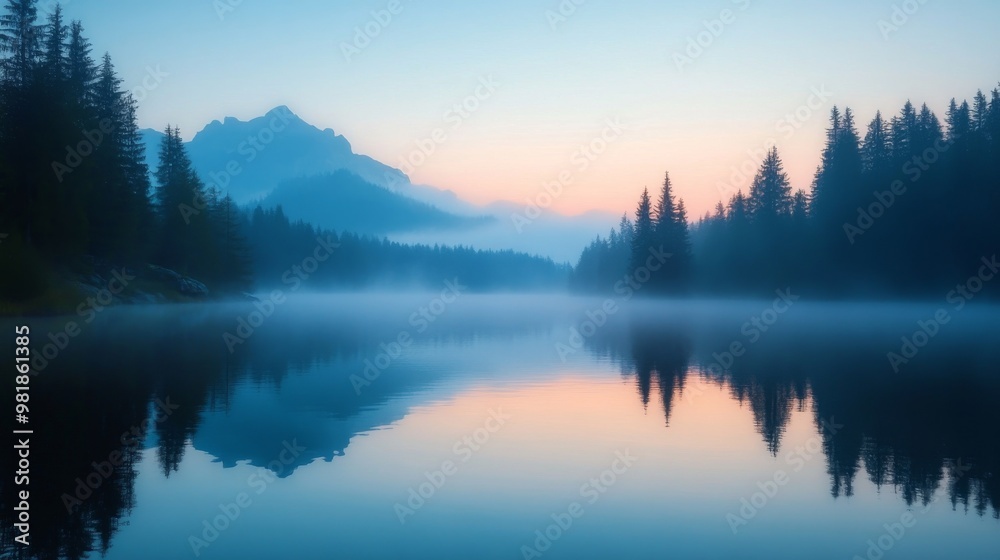 Fototapeta premium Misty Sunrise over a Still Lake with Mountain Reflections