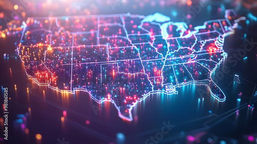 3D Holographic Electoral College Map Concept: Aerial View of U.S. States with Glowing Electoral Vote Distribution, Copy Space Available, 3D Icon on White Background photo