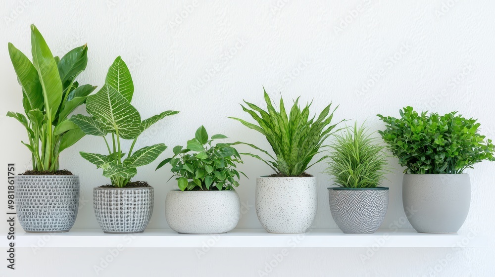 Fototapeta premium Indoor Plants on White Shelf Home Decor Minimalist Design