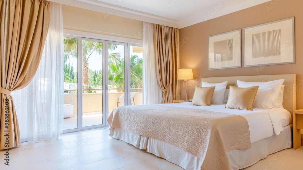 Fototapeta premium Luxurious Hotel Room Bedroom Interior Design with Beige Bed and Curtains