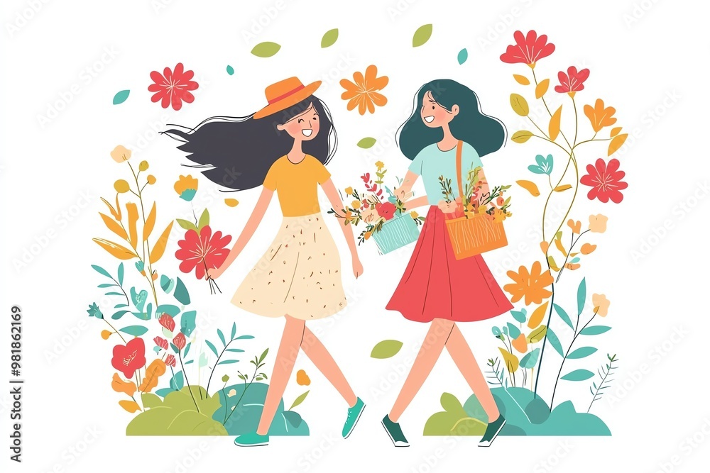 Two Women Celebrating Friendship with Bouquets of Flowers in a Vibrant Floral Setting – A Whimsical Illustration of Joy, Nature, and Togetherness Two Women Celebrating Friendship with Bouquets of Flowers in a Vibrant Floral Setting – A Whimsical Illustration of Joy, Nature, and Togetherness