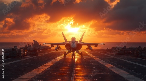 Military Aircraft on Aircraft Carrier at Sunset Generative AI