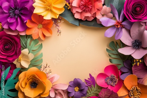 Colorful Paper Flowers Border on Beige Background