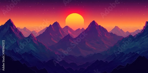 Pixelated Sunset Over Purple Mountain Range