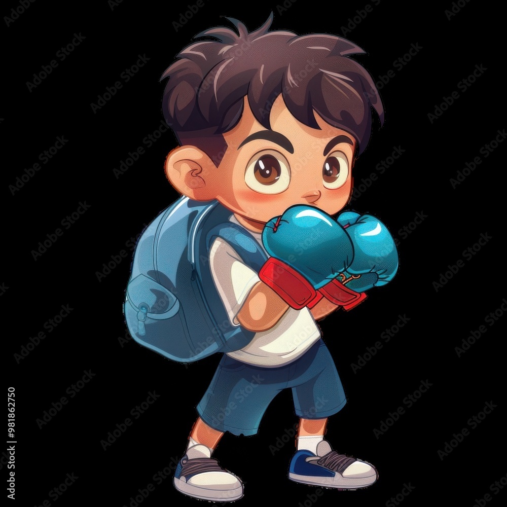 Young boy ready for boxing training with a backpack