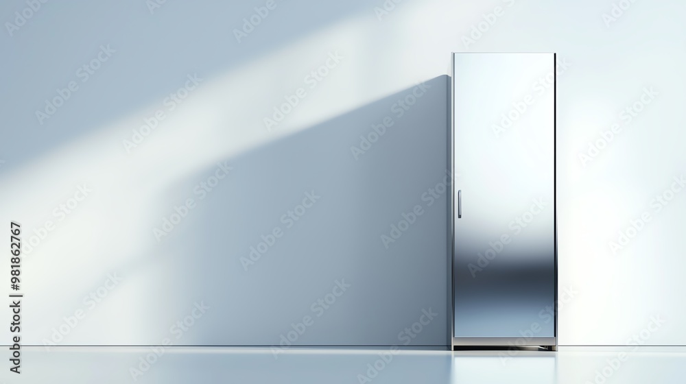 A sleek, modern refrigerator stands against a minimalist wall, showcasing its reflective surface and contemporary design. A sleek, modern refrigerator stands against a minimalist wall, showcasing its reflective surface and contemporary design.