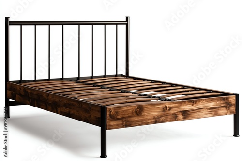 Stylish wooden bed frame featuring a durable metal headboard, perfect for modern bedroom decor and comfortable sleep. photo