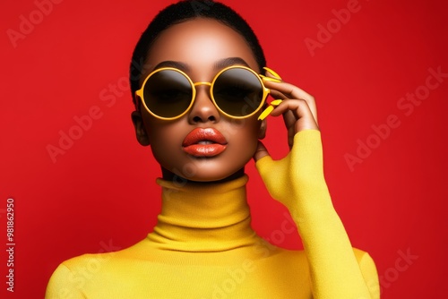 Stylish Woman in Yellow Sunglasses and Sweater