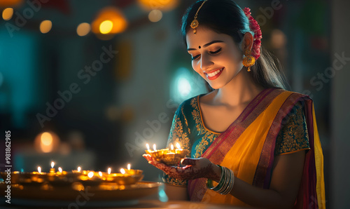 Indian happy cheerful couple sitting outdoor house eating ladoo celebrate Diwali festival together